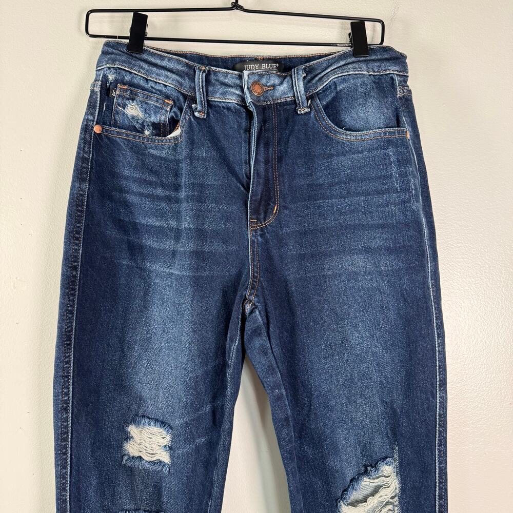 Judy Blue Straight Fit Distressed Raw Hem Jeans Dark Wash Blue Ripped Size 7/28 - Picture 3 of 10